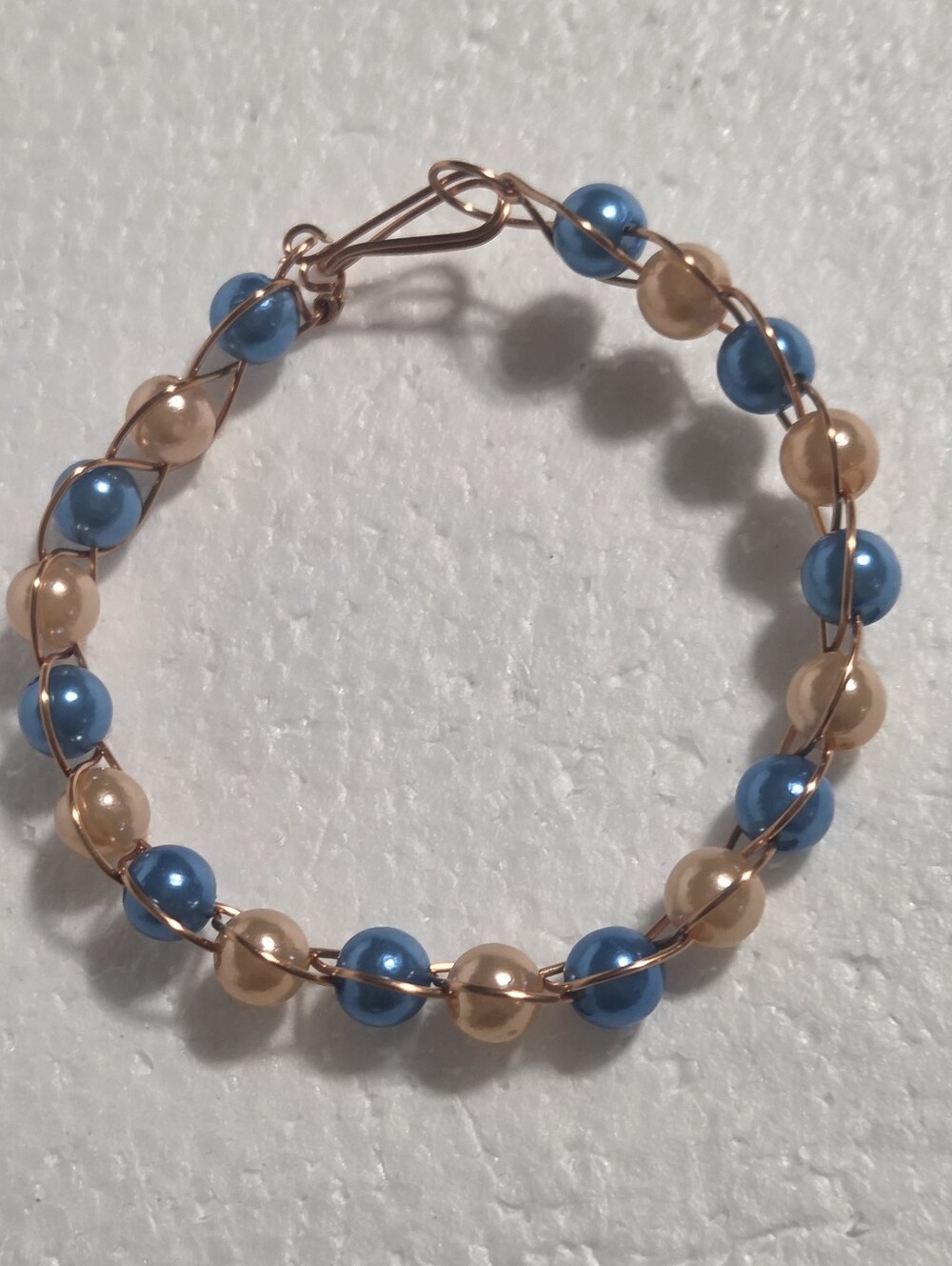 Handcrafted Blue and Peach Beaded Wire Bracelet